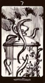 Младший Аркан «Семерка жезлов» галереи «Галерея «Черно-белая версия Таро Заповедного леса»»