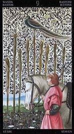 Младший Аркан «Девятка жезлов» галереи «Галерея «Золотое Таро Боттичелли (англ. Golden Botticelli Tarot)»»