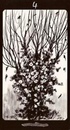 Младший Аркан «Четверка жезлов» галереи «Галерея «Черно-белая версия Таро Заповедного леса»»
