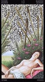 Младший Аркан «Десятка жезлов» галереи «Галерея «Золотое Таро Боттичелли (англ. Golden Botticelli Tarot)»»