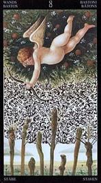 Младший Аркан «Восьмерка жезлов» галереи «Галерея «Золотое Таро Боттичелли (англ. Golden Botticelli Tarot)»»